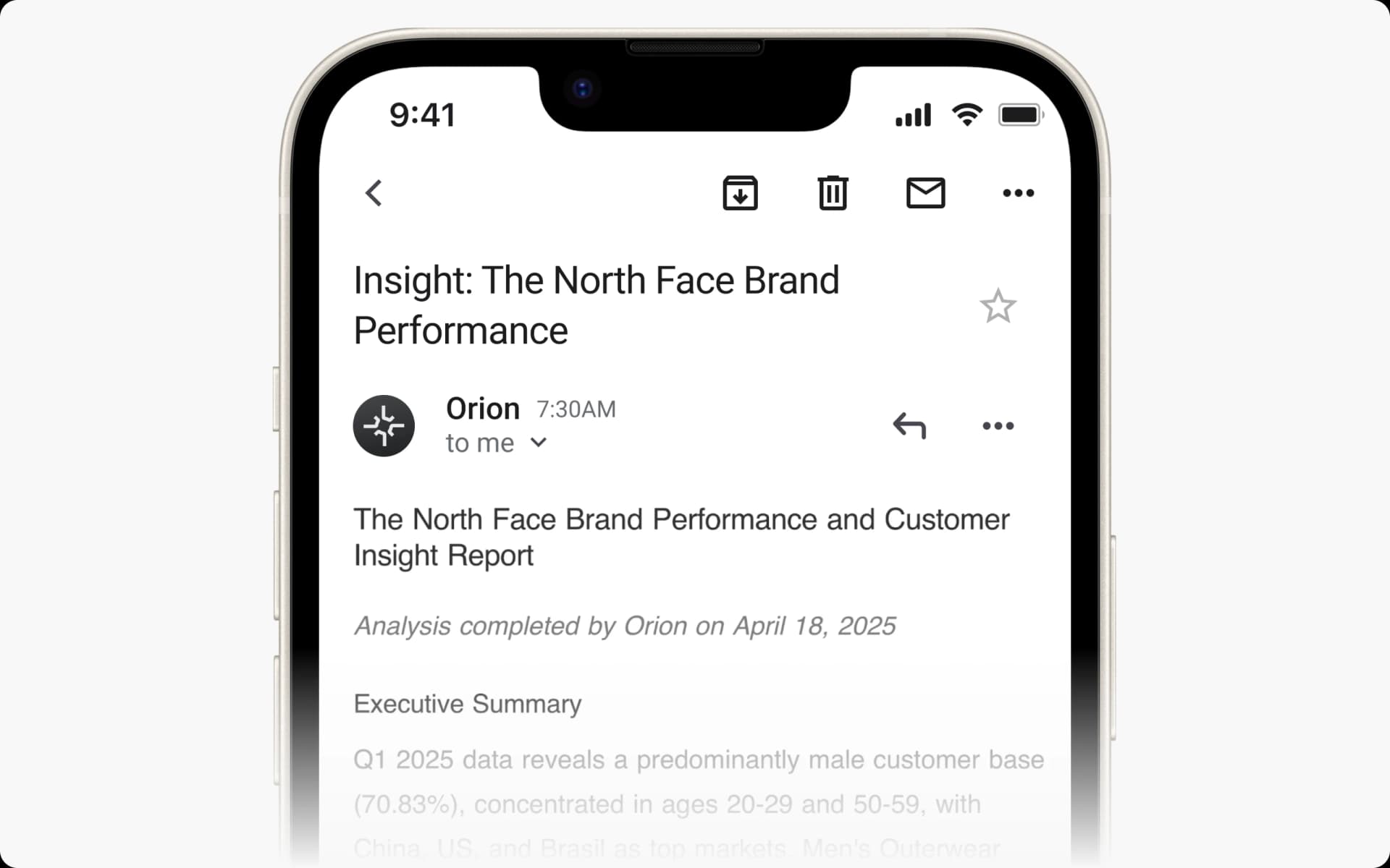 Orion delivering an automated executive briefing with real-time business metrics on mobile