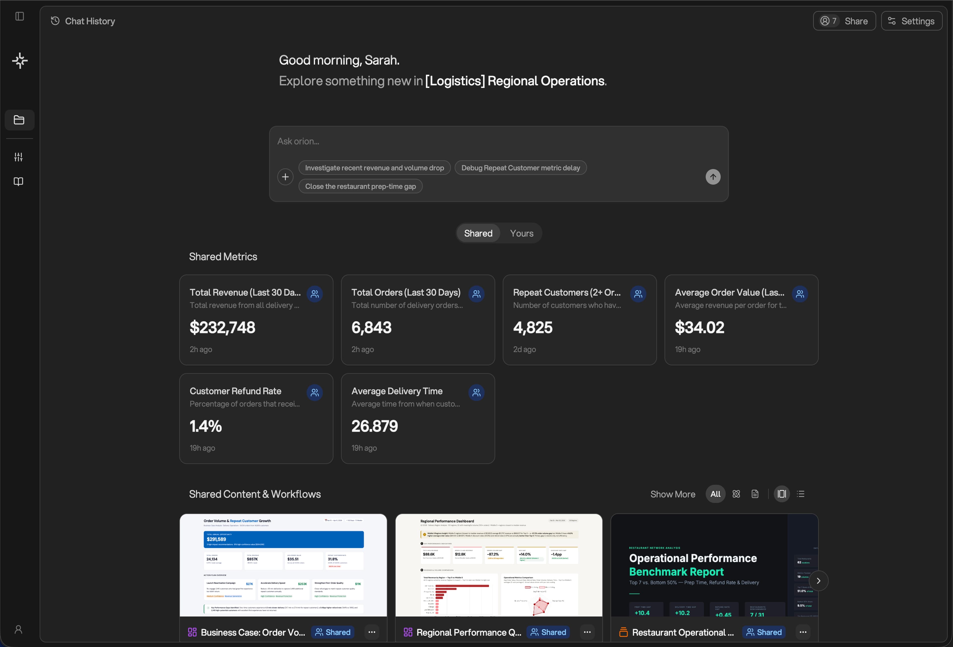 Orion product dashboard - project view